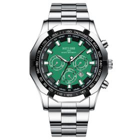 2023 Luxury Mens Sports Watches Fashion Men Business Stainless Steel Waterproof Quartz Wrist Watch Luminous Clock montre homme (Color: Silver Green)