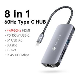 12 in 1 Triple Display USB C HUB Type C to 2 HDMI VGA Multi USB 3.0 Splitter PD100W Charging SD/TF Reader RJ5 Ethernet Adapter (Color: 8 in 1)