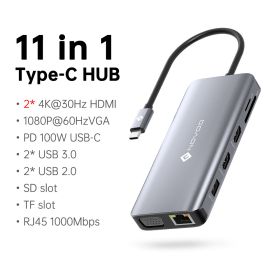 12 in 1 Triple Display USB C HUB Type C to 2 HDMI VGA Multi USB 3.0 Splitter PD100W Charging SD/TF Reader RJ5 Ethernet Adapter (Color: 11 in 1)