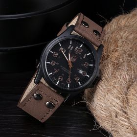 1pc Men's Circular Pointer Watch Leather Military Sports Date Quartz Watch Men's (Color: Coffee)