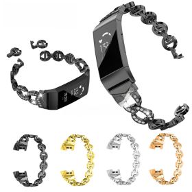 Suitable for fitbit charge3/4 smart bracelet Voo diamond metal bracelet stainless steel alloy metal wristband (Color: 2#charge5VO Diamond Black)